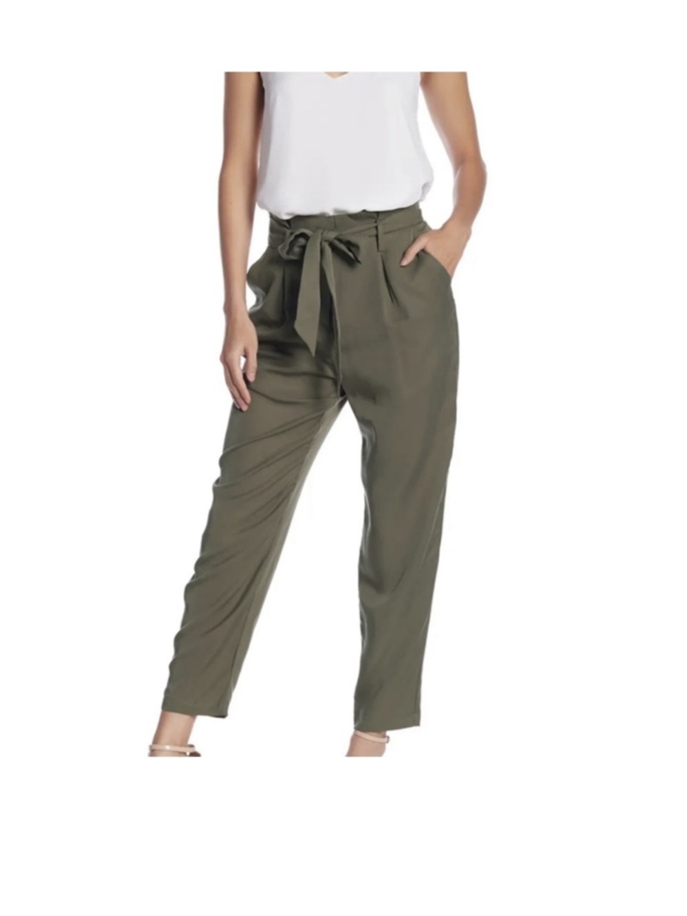 Nordstrom High-Rise Paperbag Waist Trousers - Olive